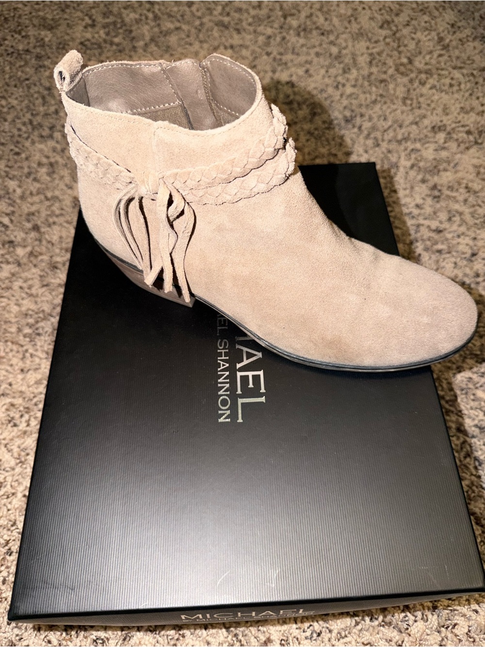 Michaels Taupe Suede Ankle Boot with Braided Tassel